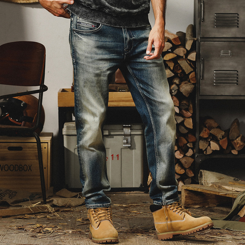 美式經典復古15盎司重磅秋季牛仔褲男直筒石磨水洗做舊休閒長褲子