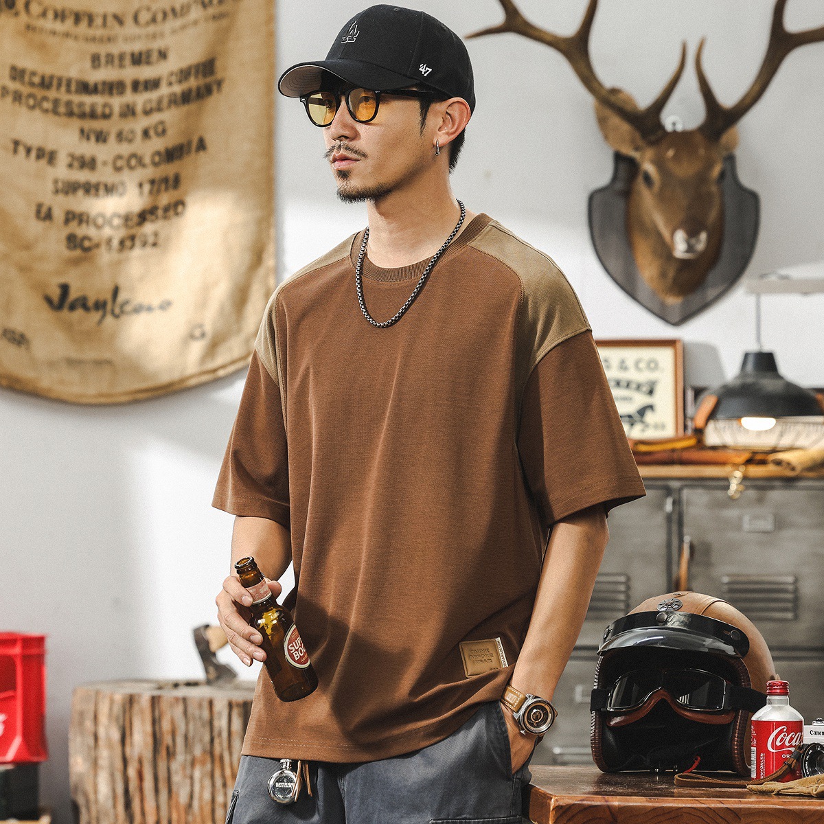 萊賽爾天絲高級感短袖男夏季美式復古駝色潮牌男士T恤美拉德上衣