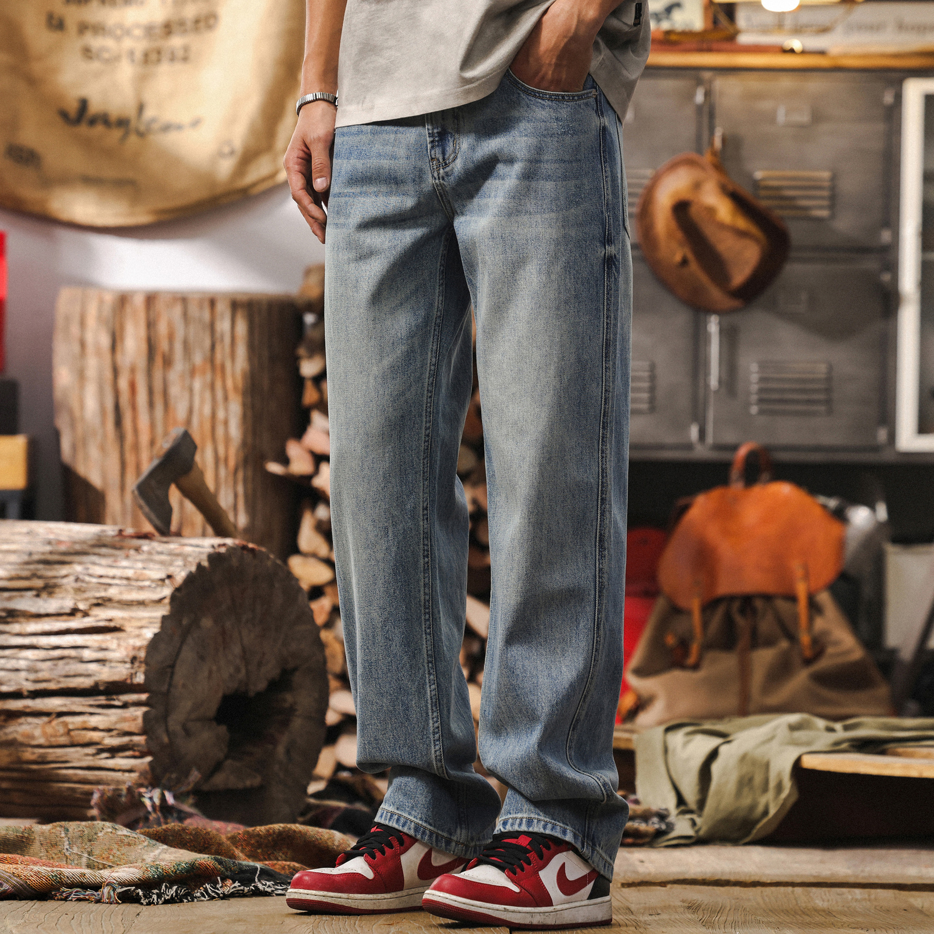 美式復古藍色水洗牛仔褲男春季2025新款潮牌寬鬆男褲子直筒休閒褲