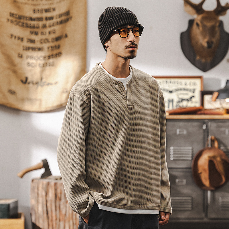 美式復古400g重磅假兩件歐棉絨長袖t恤男冬季加絨衛衣男士亨利衫