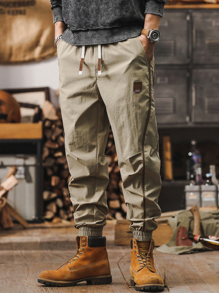 卡其色薄款夏季褲子男2024新款寬鬆束腳褲潮牌撞色設計男士休閒褲