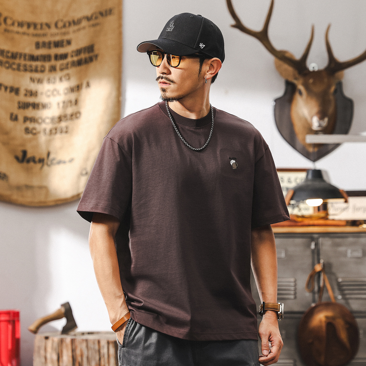 美式復古短袖T恤男士2025新款潮流上衣重磅寬鬆大碼男裝夏季