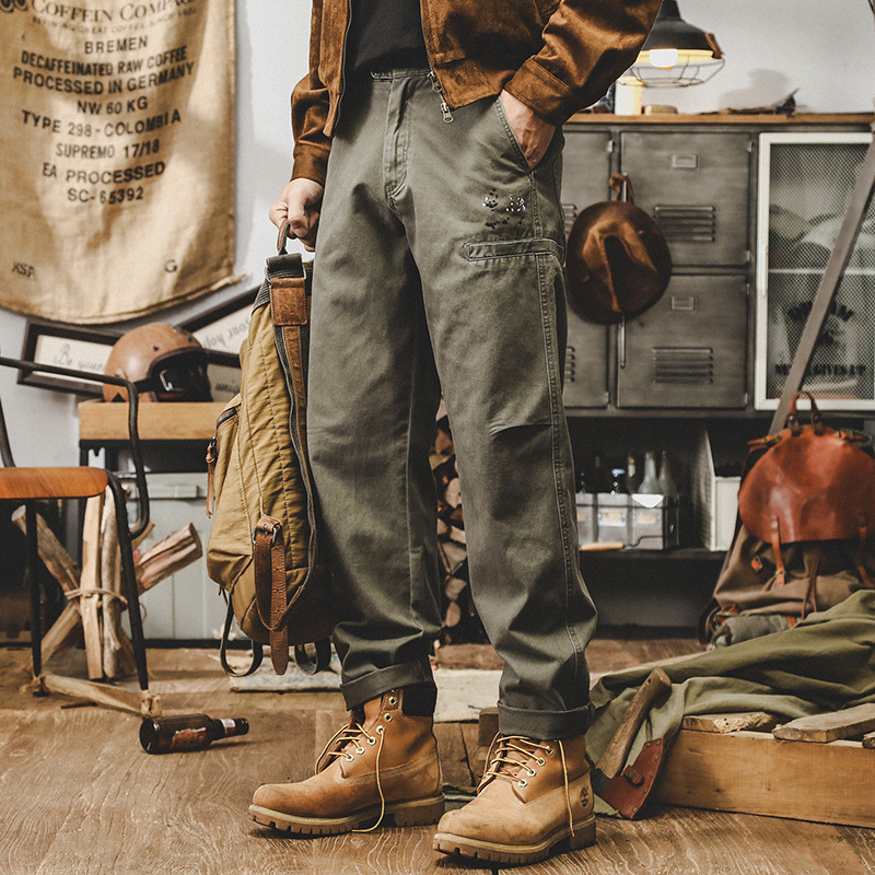美式休閑長褲子男秋季潮牌2024新款洗褪潑墨寬松直筒工裝褲男
