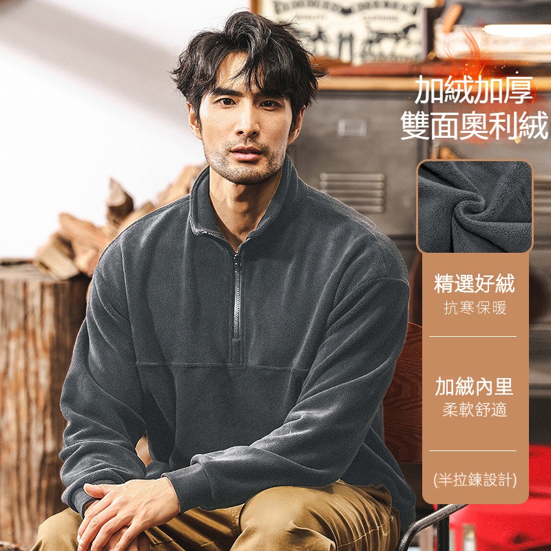 美式復古重磅加絨衛衣男冬季加厚半拉鍊抓絨衣男潮牌男士秋冬外套