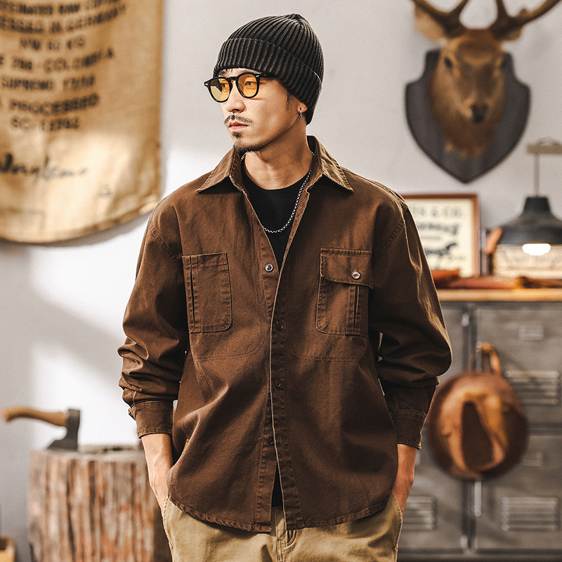 美式復古重磅珠帆工裝襯衫男長袖2025春季新款襯衣夾克男外套