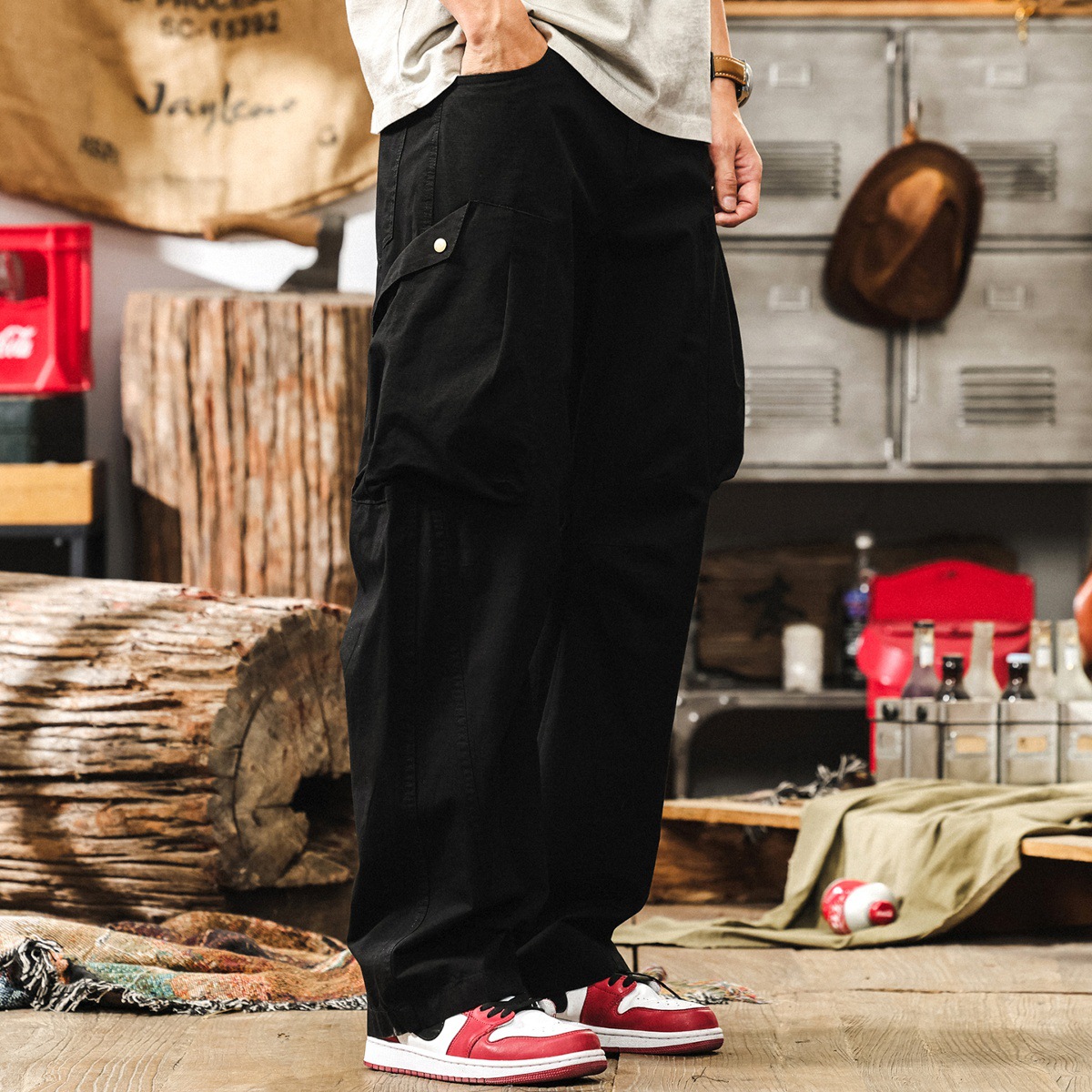 美式復古卡其色彎刀工裝褲子男夏季新款潮牌直筒闊腿褲松休閒長褲