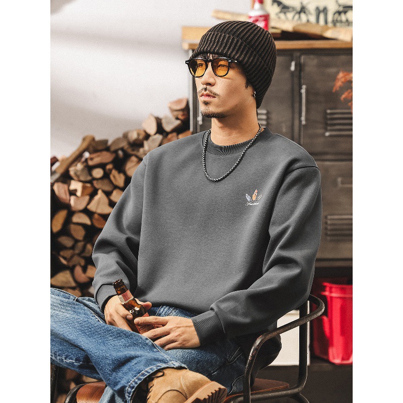 美式復古360g重磅男士秋季衛衣2025新款潮流印花寬鬆長袖圓領上衣