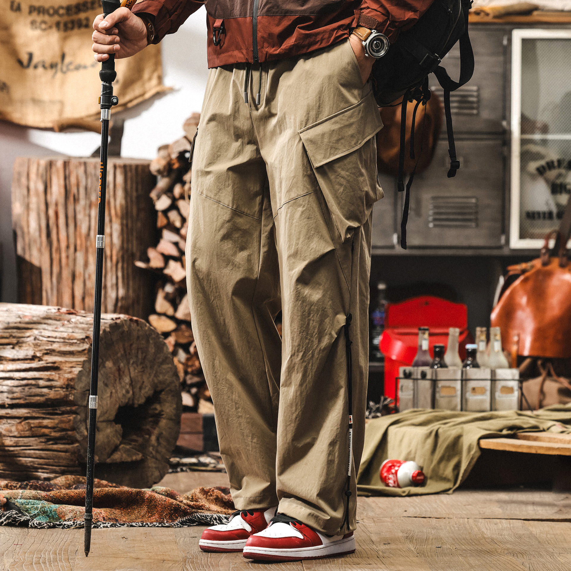 冰絲速幹長褲男士休閒褲寬鬆潮牌工裝褲子男夏季美式戶外傘兵褲男