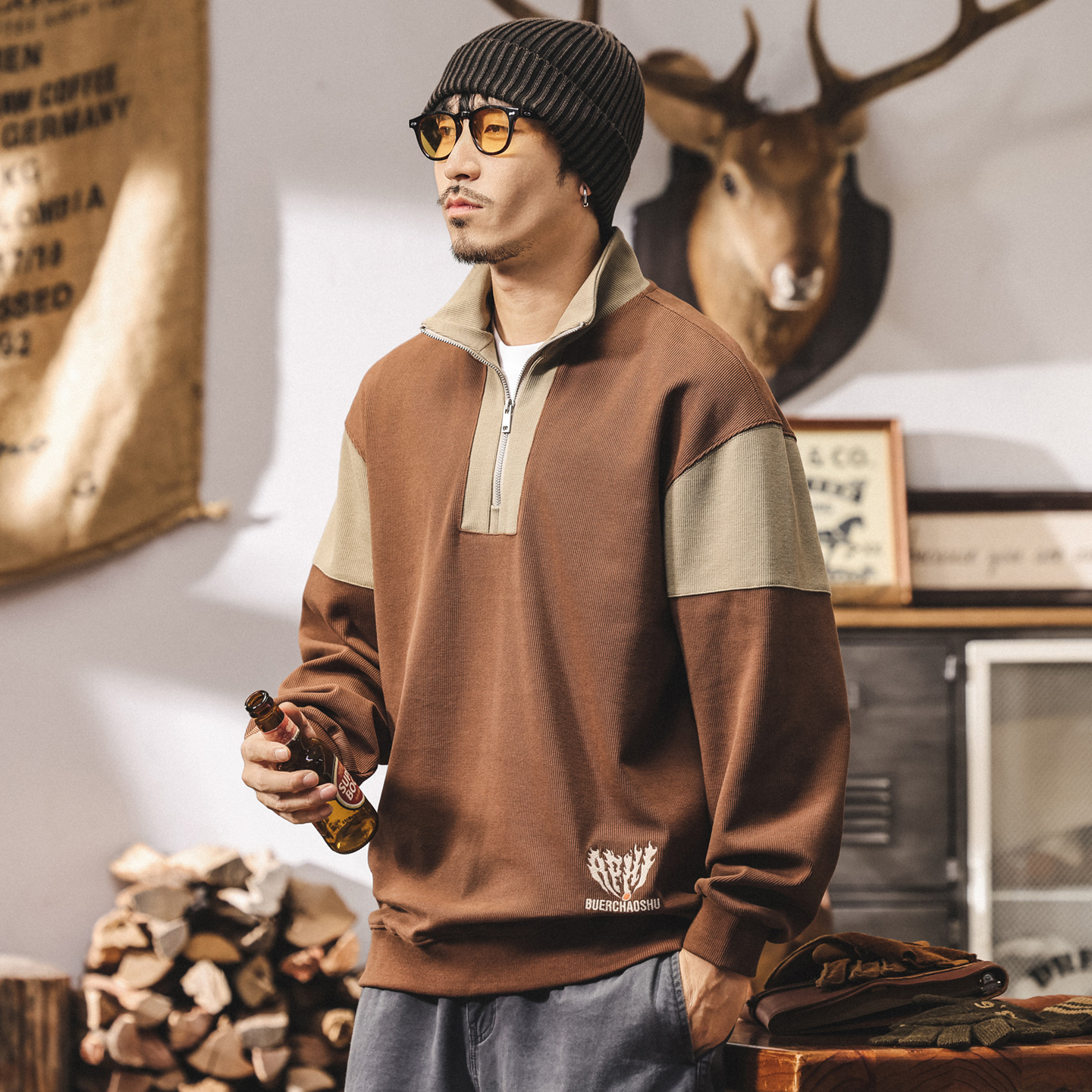 美式復古半拉鍊重磅衛衣男春秋2025新款撞色拼接寬鬆休閒上衣男潮