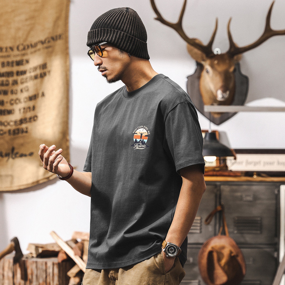 美式重磅雙紗T恤男短袖夏季復古潮流戶外露營印花休閒上衣印花T男