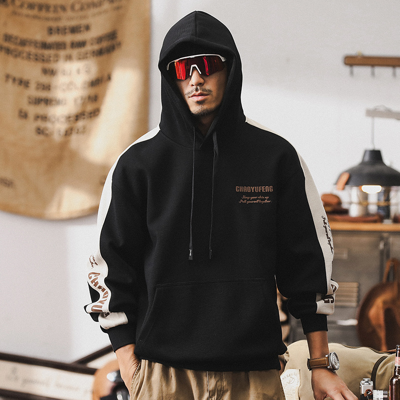 美式360g重磅衛衣男秋季潮牌撞色休閑寬松上衣男連帽外套男春秋款