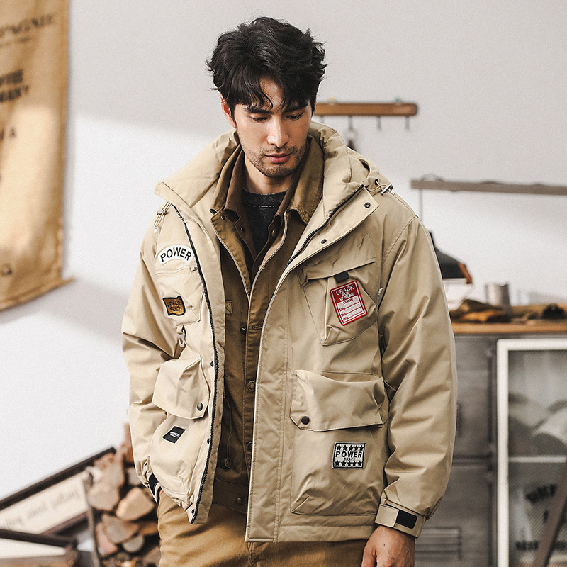 美式復古多口袋工裝羽絨服男冬季加厚戶外連帽戰術機能風獵裝外套