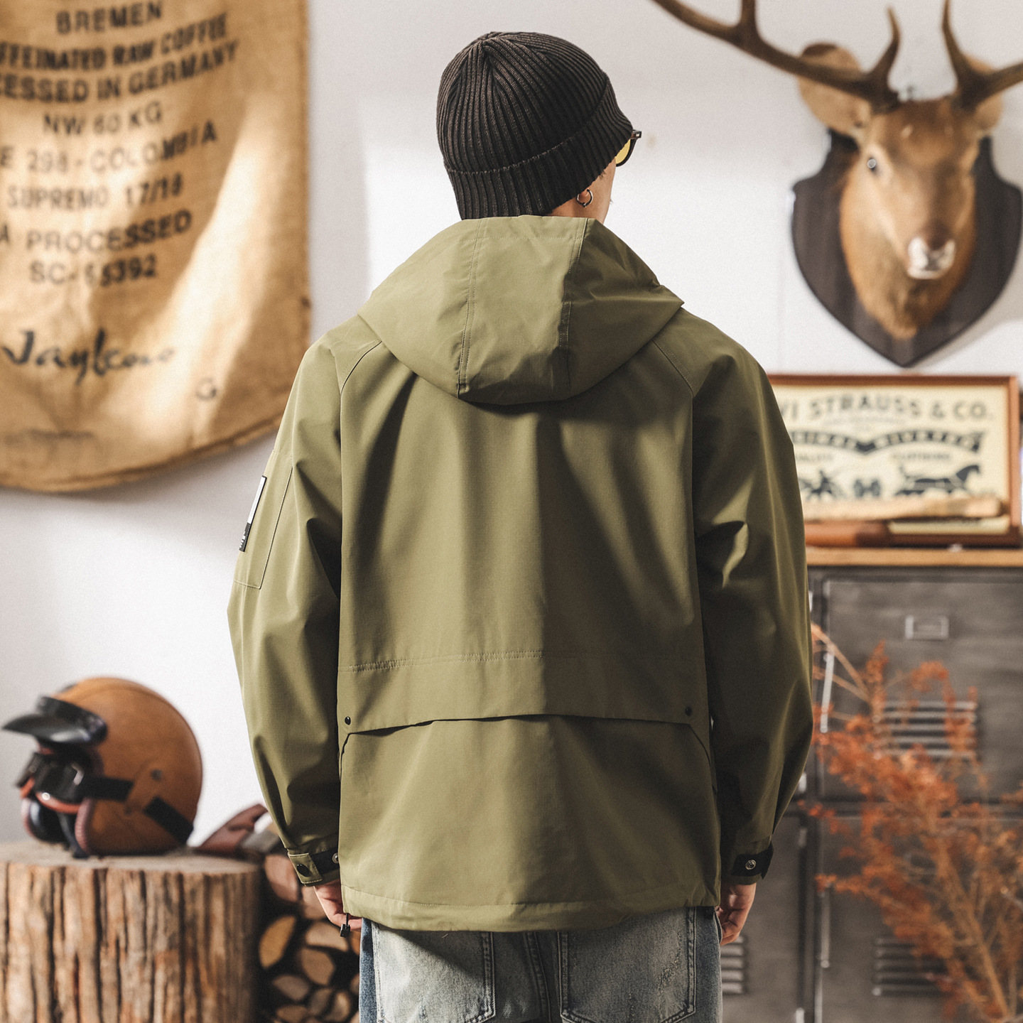美式復古戶外三防工裝連帽外套男春秋新款山系機能通勤寬鬆夾克男