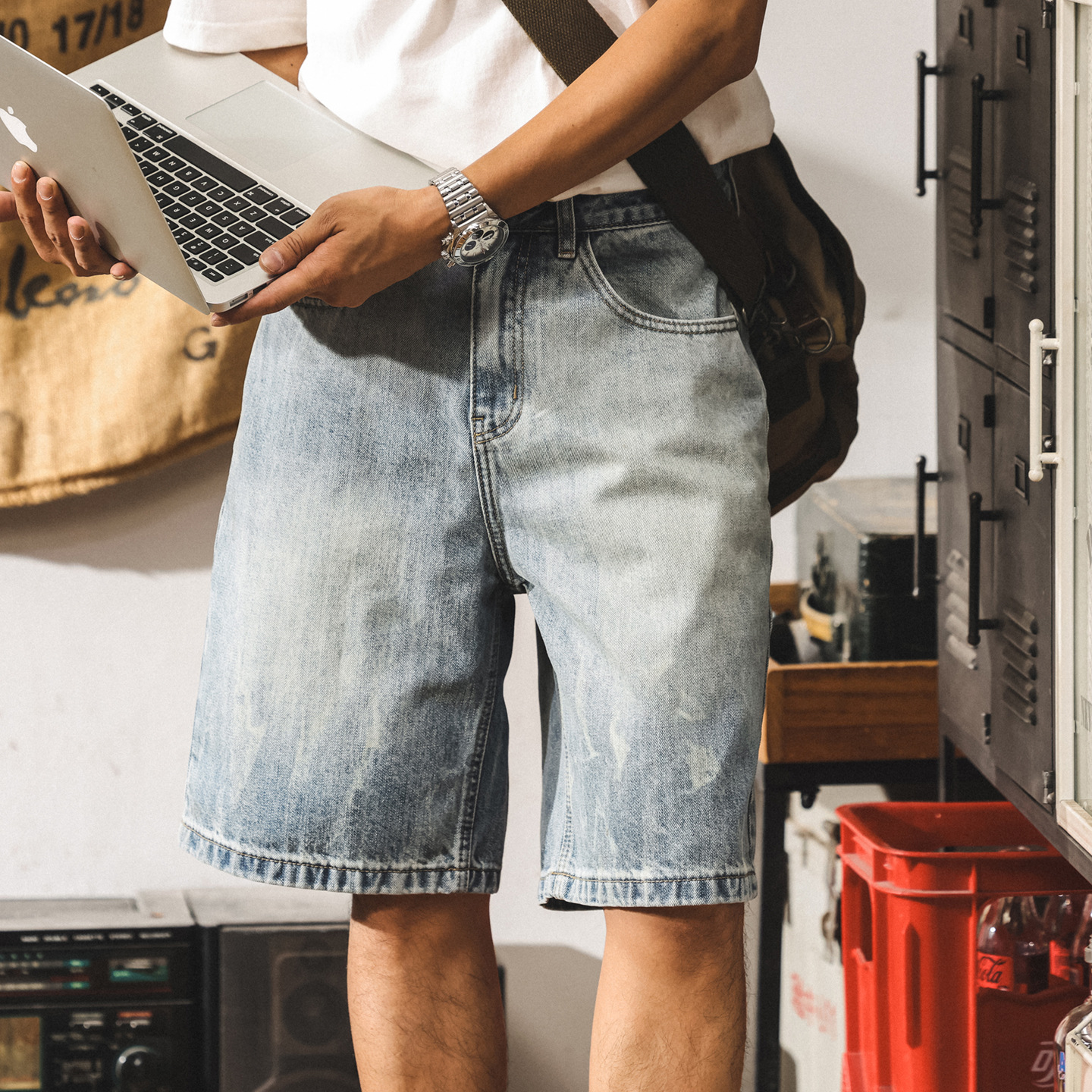 美式復古扎花水洗牛仔短褲男夏季新款寬鬆直筒五分褲休閒潮流中褲