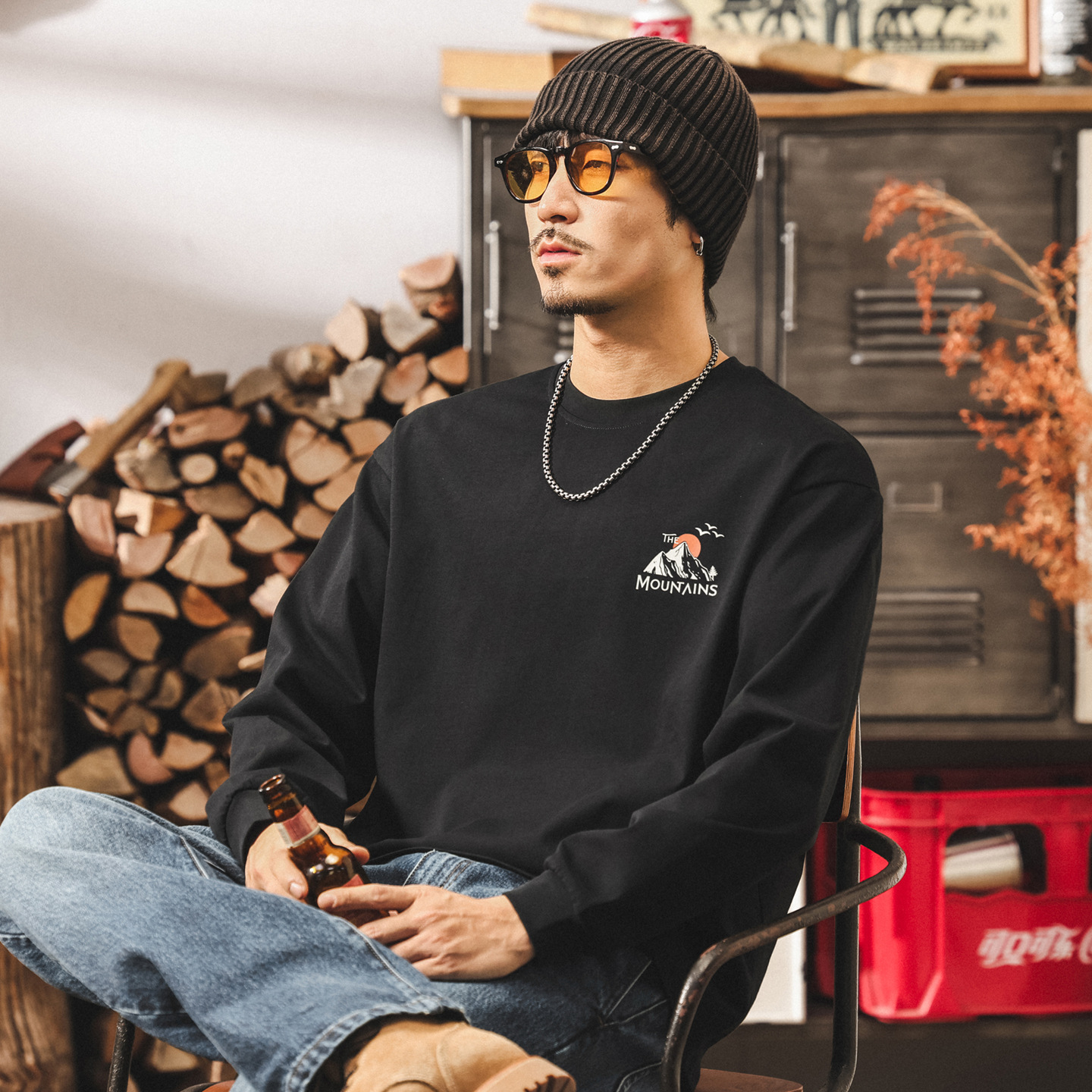 美式山系復古長袖t恤男秋季2025新款寬鬆大碼男裝重磅純棉上衣男T