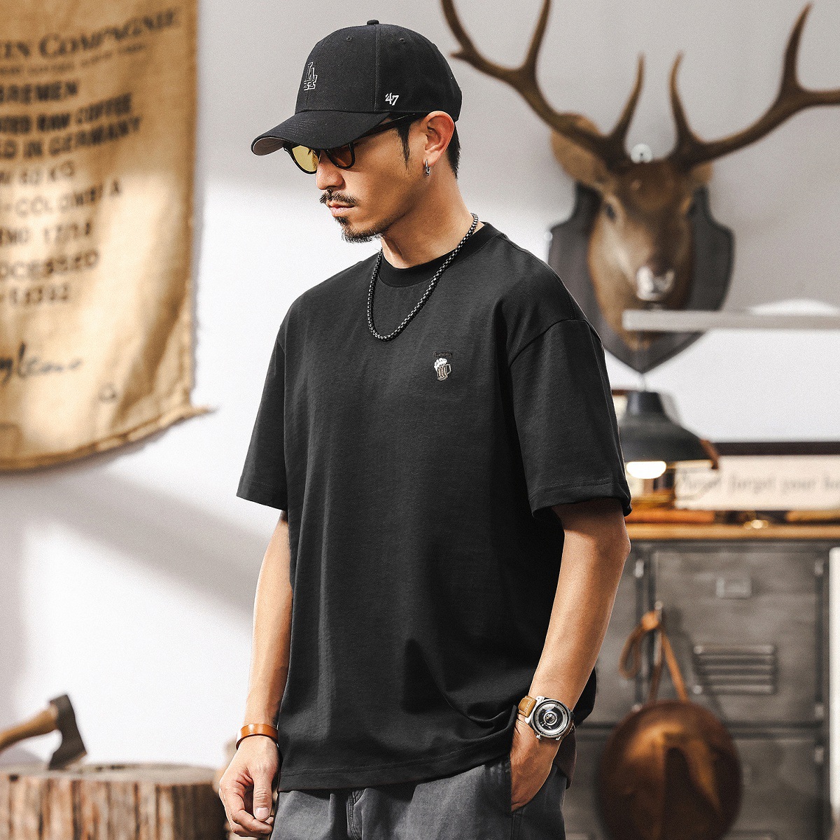 美式復古短袖T恤男士2025新款潮流上衣重磅寬鬆大碼男裝夏季