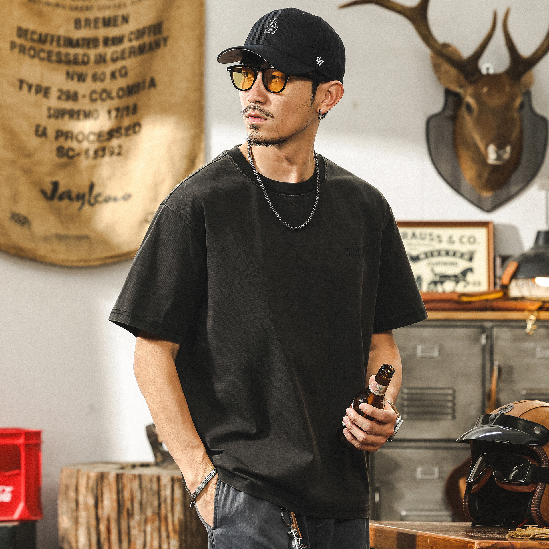 美拉德古典230g重磅T恤男短袖2025夏季新款美式做舊潮流百搭上衣