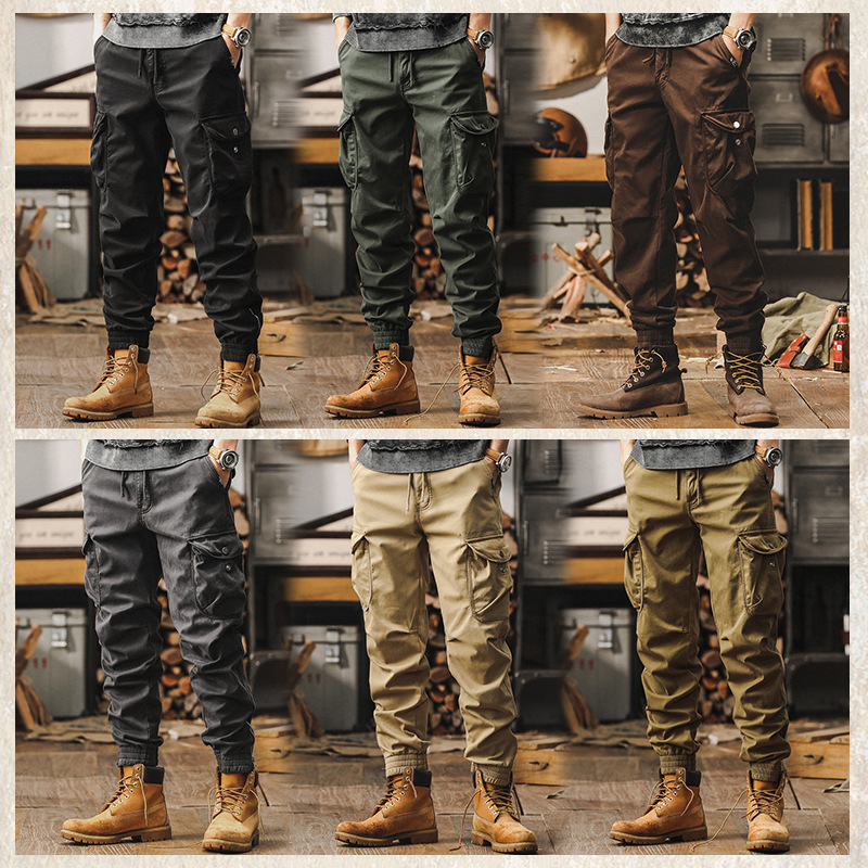 美式復古秋季工裝褲子男2024新款寬鬆休閒褲戶外機能戰術束腳褲男