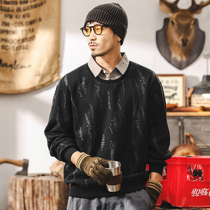 美式重磅復古假兩件衛衣男春季2025新款潮牌提花梭織襯衫領上衣男