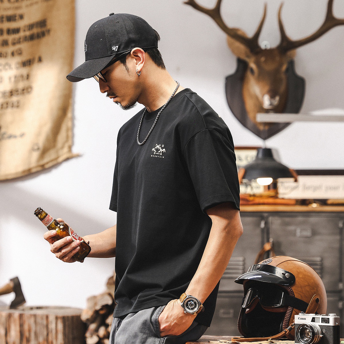 冰絲涼感T恤男夏季2025新款短袖男款潮牌山系印花寬鬆美式上衣男