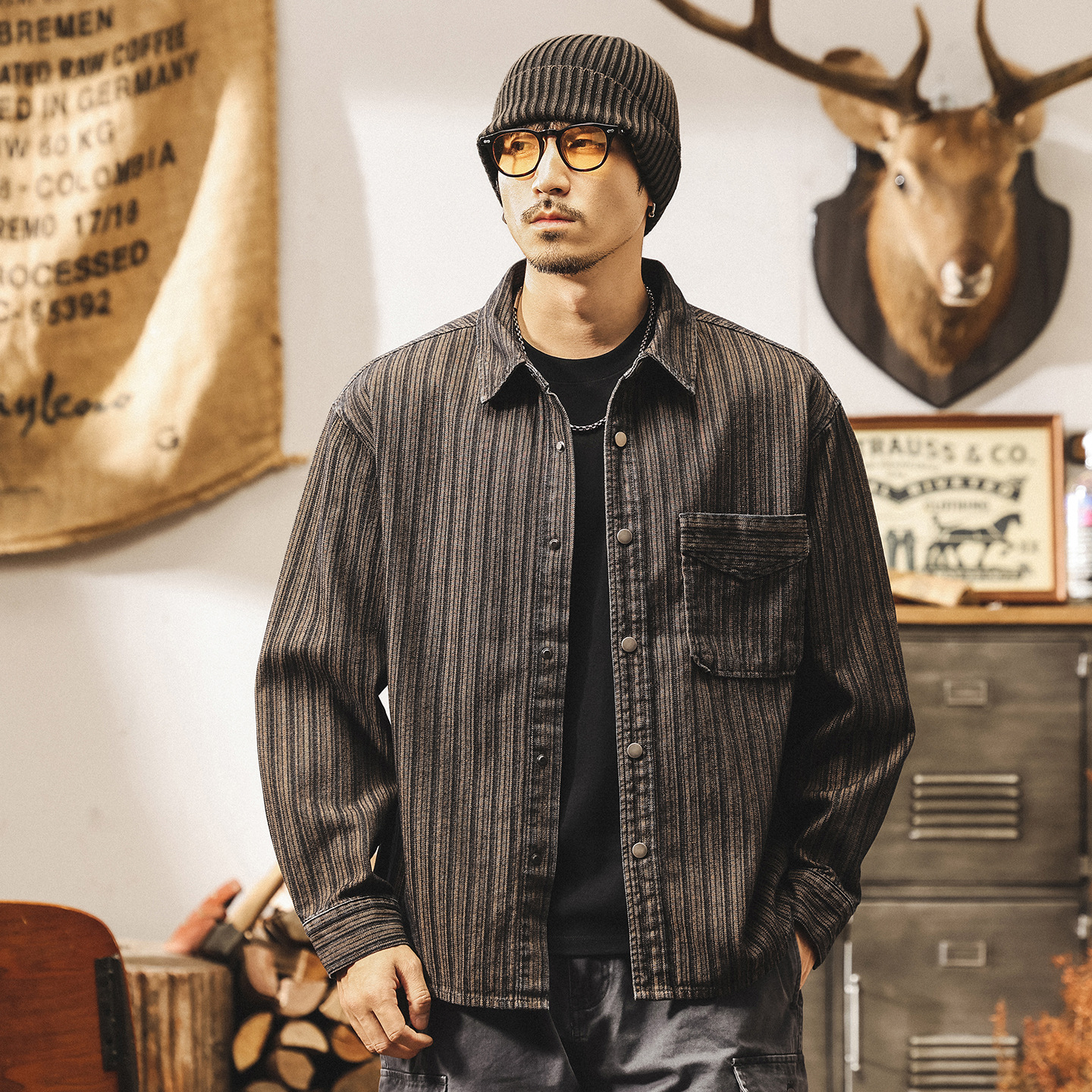 美式復古咖色條紋襯衫男長袖秋季潮牌寬鬆休閒外套男春秋新款襯衣