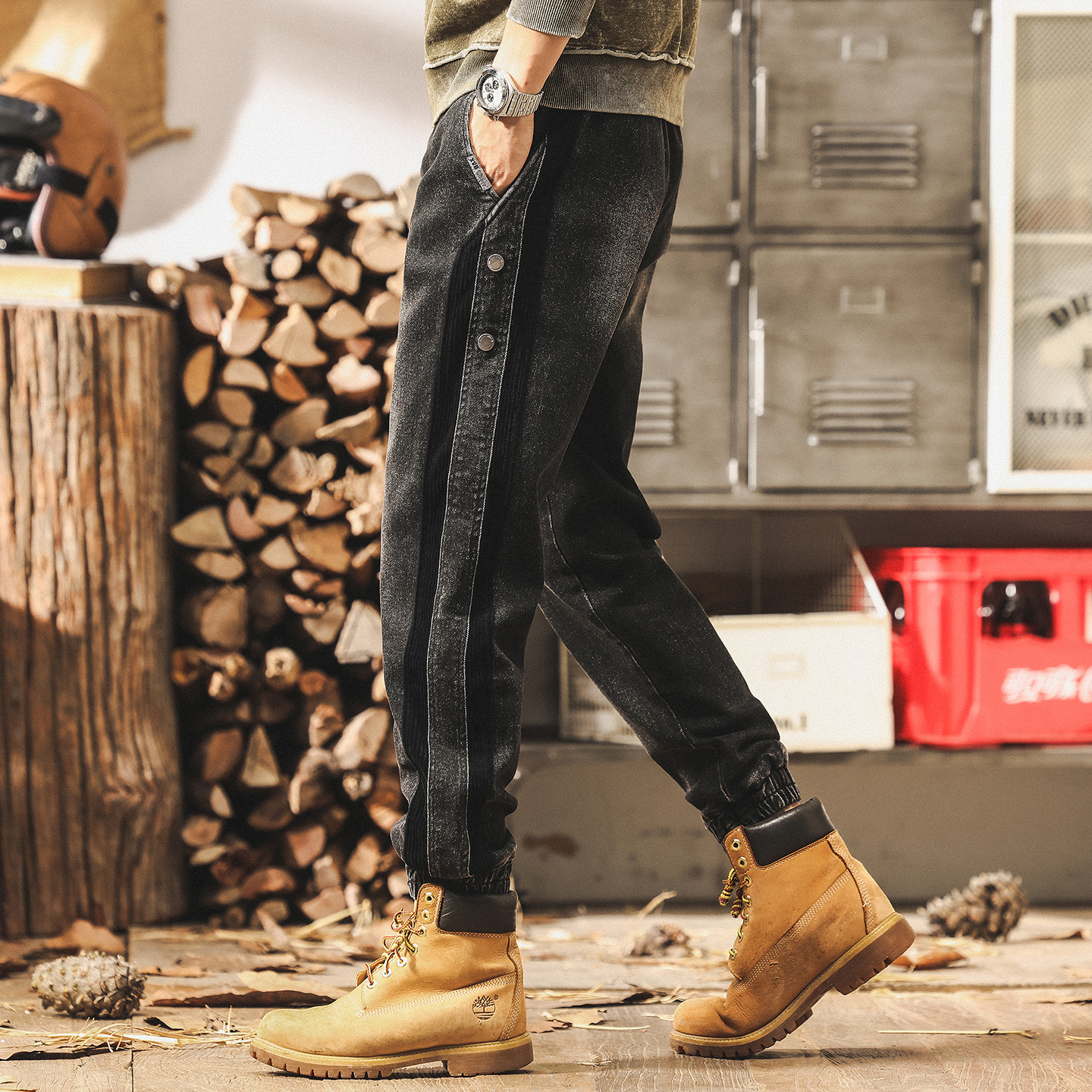 美式復古做舊水洗黑色牛仔褲男秋季2025新款潮牌束腳工裝休閒褲子