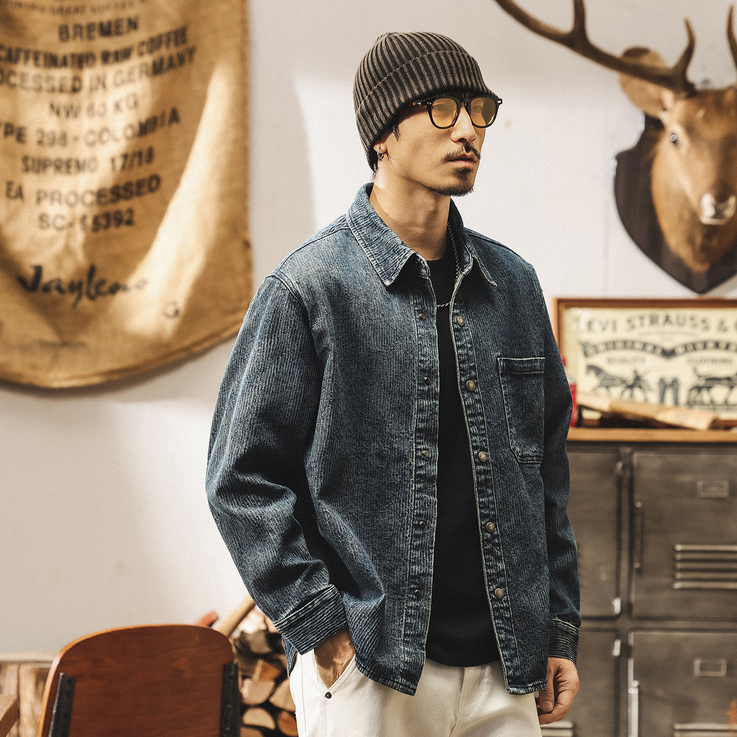 美式復古提花條紋牛仔外套男春秋新款襯衫男長袖潮牌寬鬆休閒襯衣