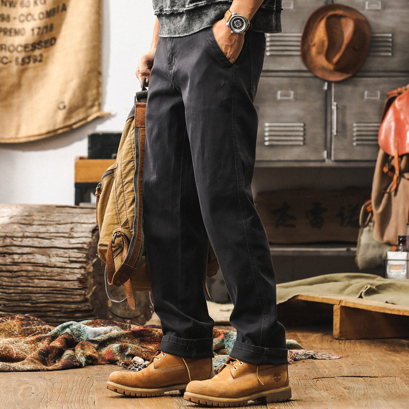 美式重磅雙股紗休閒褲男秋季寬鬆直筒復古褲子男石磨水洗牛仔長褲