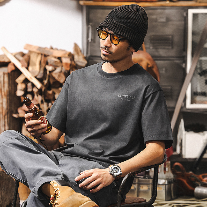 雲染洗褪涼感T恤男夏季2025新款短袖潮流寬鬆美式復古休閒上衣男T