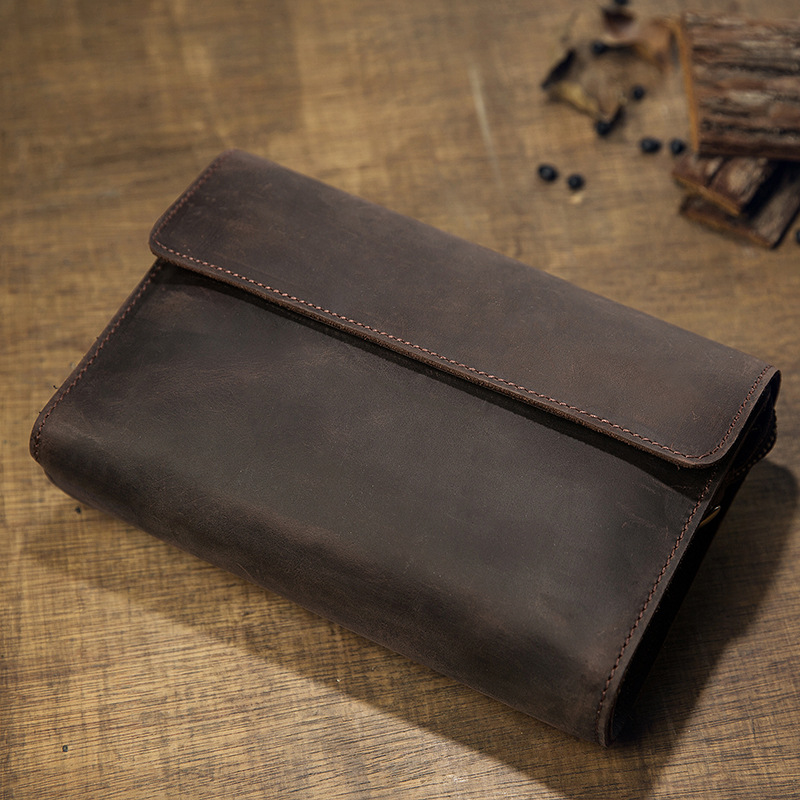 手工原創瘋馬皮男款錢包手拿包真皮復古手機包頭層牛皮手包手抓包