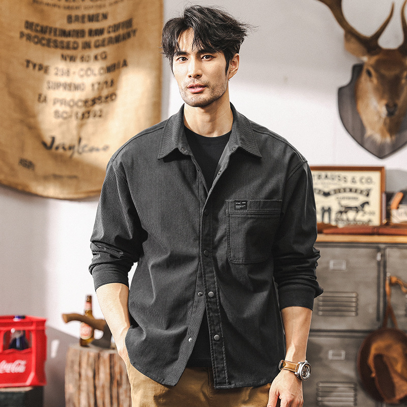 美式復古春季襯衫男長袖寬鬆休閒2025新款潮牌重磅水洗休閒外套男