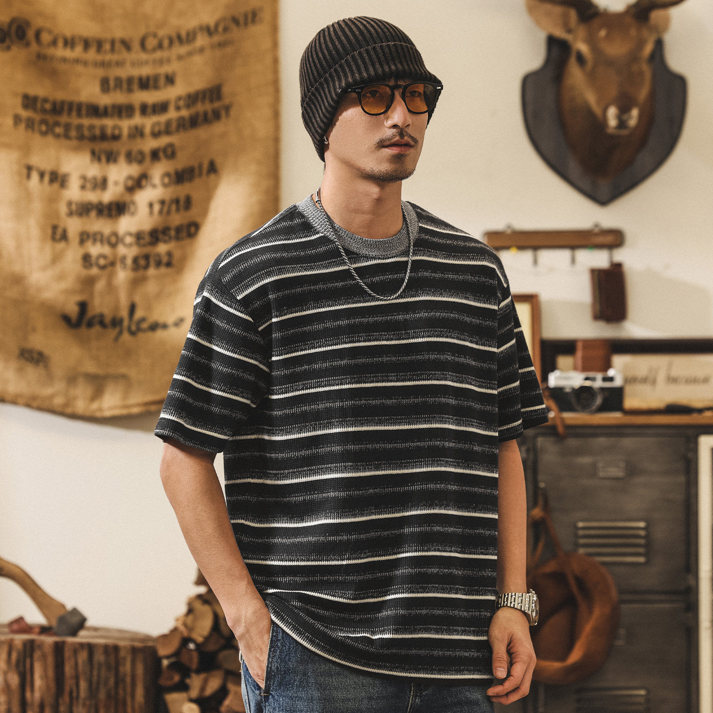 美式復古條紋針織短袖男款T恤夏季潮流新款老錢風寬鬆休閒上衣男