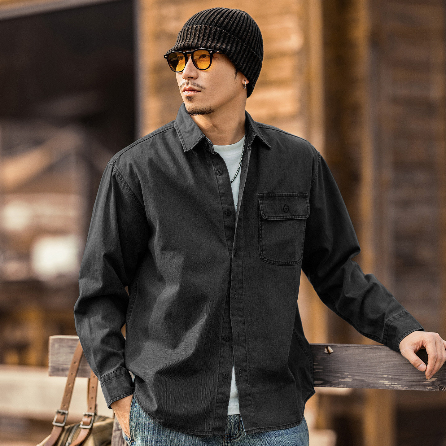 美式復古酵素水洗牛仔襯衫男春季潮牌長袖工裝襯衣寬鬆休閒外套男