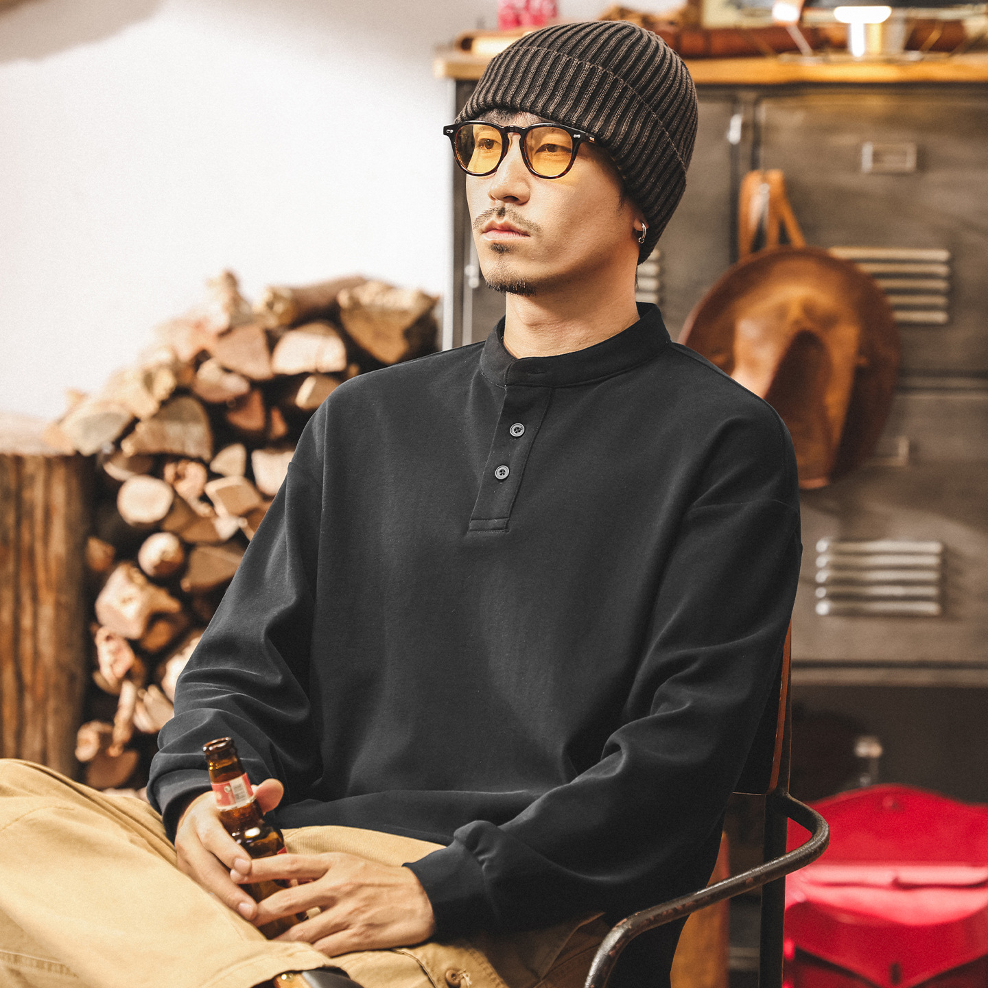 美式復古亨利領男士polo衫長袖t恤男秋季新款重磅磨毛親膚打底衫