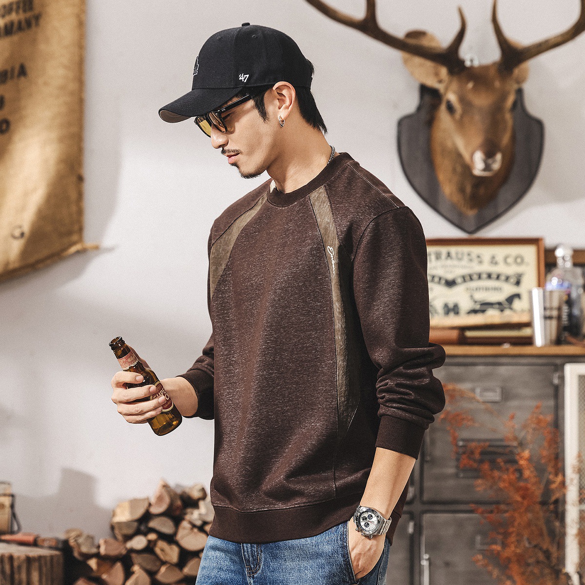 美式復古重磅衛衣男秋季潮牌2025新款拼色潮流寬鬆休閒長袖T恤男