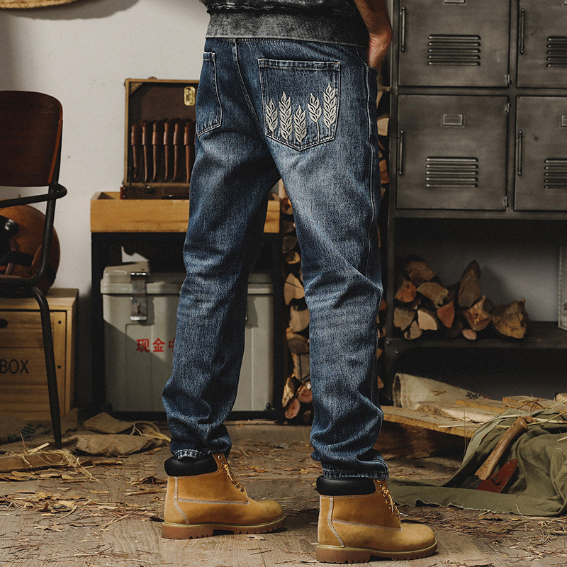 杰雷諾美式重磅石磨水洗牛仔褲男直筒寬鬆春秋季刺繡休閒長褲子男