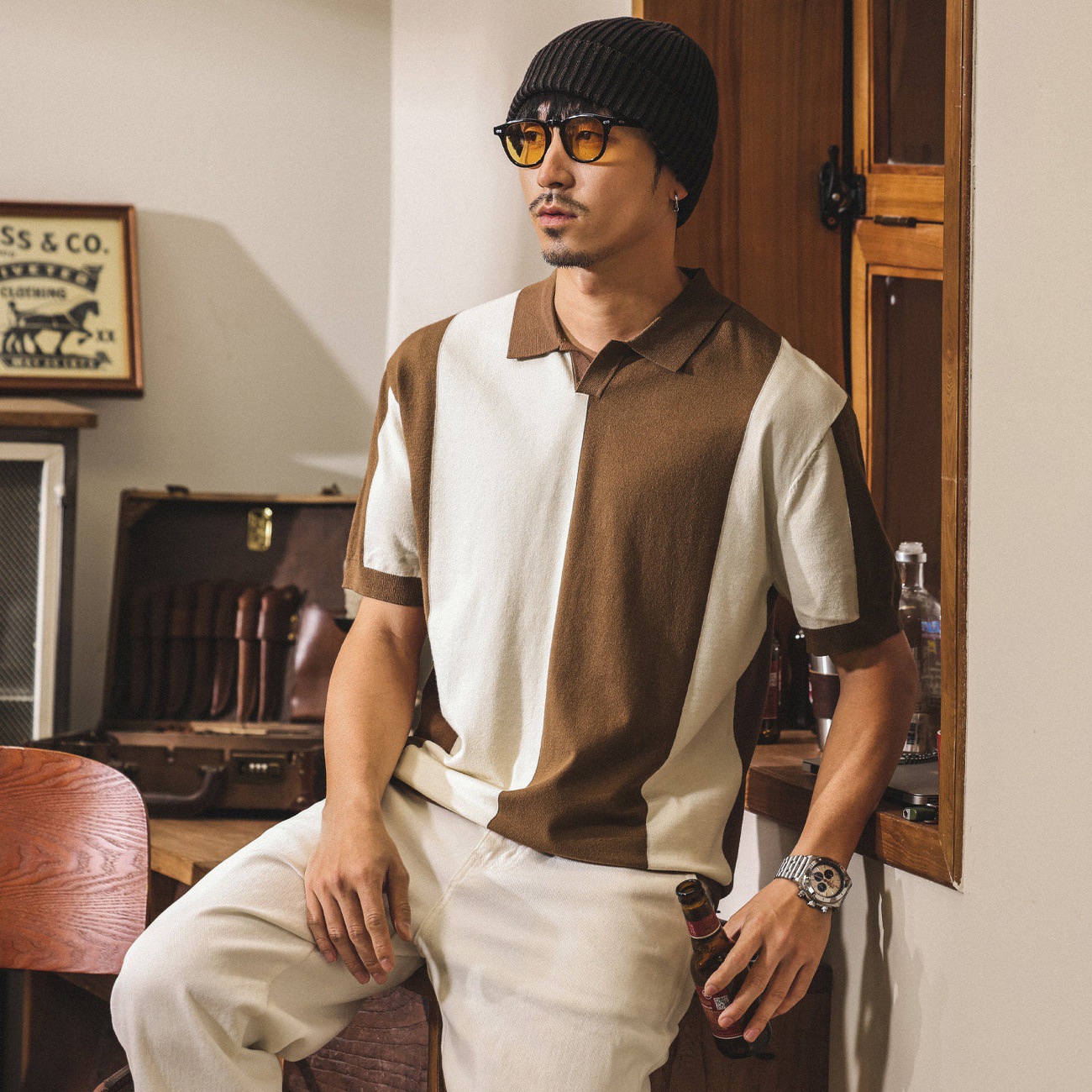 美式復古撞色短袖男款Polo衫夏季新款老錢風針織潮牌T恤男士上衣T