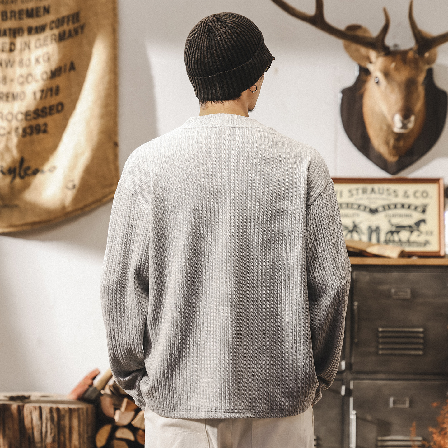 美式復古330g重磅t恤男長袖秋季新款高級感提花針織衛衣男士上衣