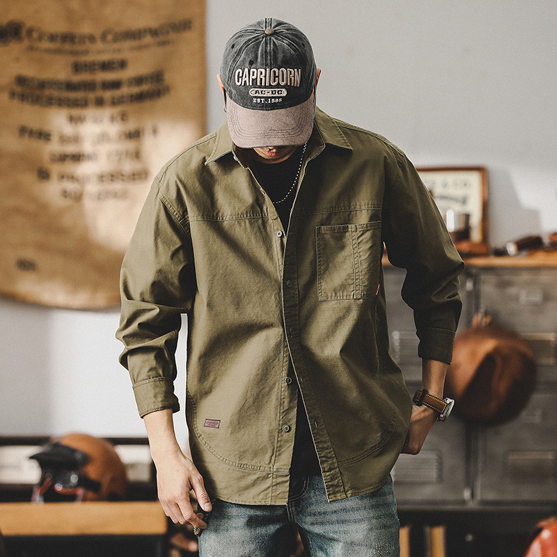 美式復古工裝長袖襯衫男寬鬆潮牌2024新款男士上衣春季襯衣外套男