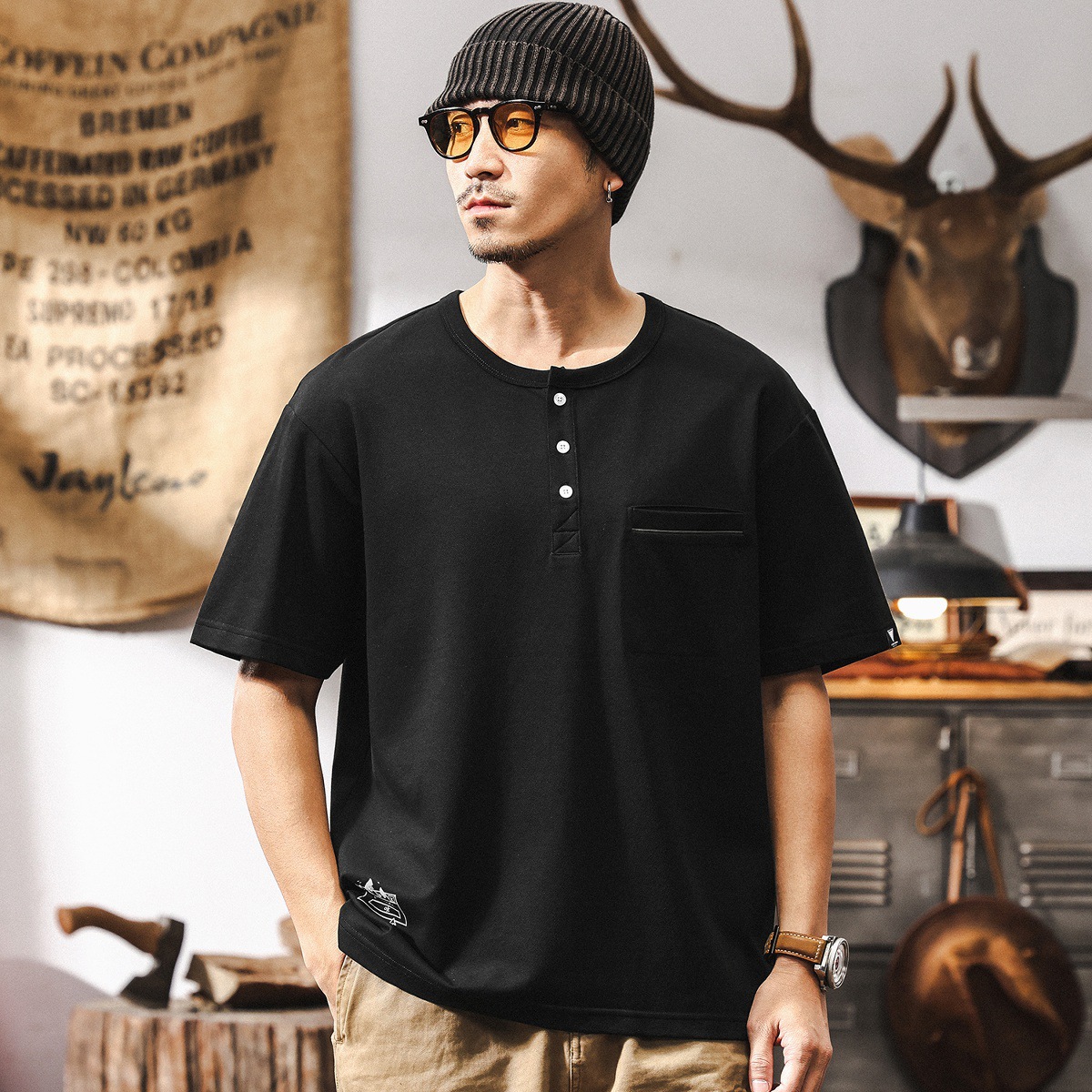 美式復古230g針織亨利領短袖T恤男夏季潮流百搭寬鬆休閒男士上衣