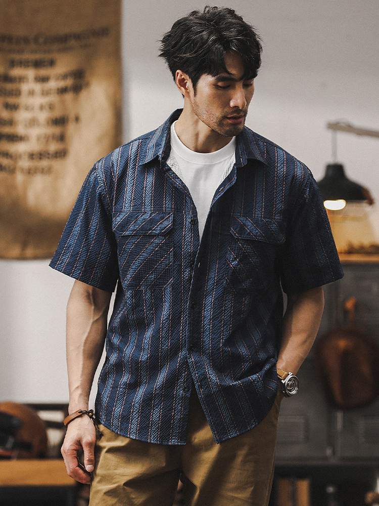 杰雷諾美式潮牌短袖襯衫男士條紋寬鬆夏季夏威夷休閒工裝襯衣男裝