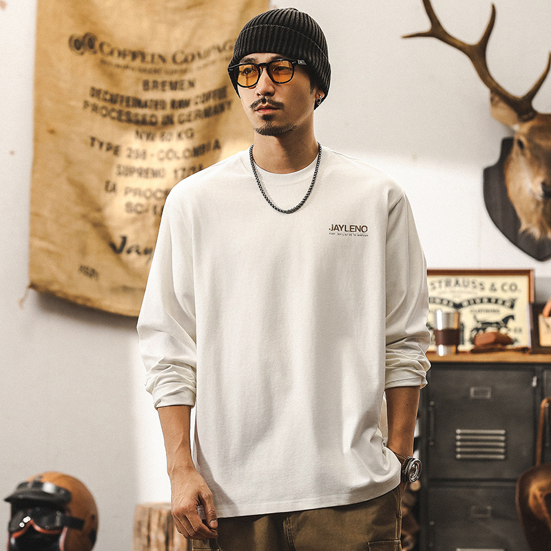 美式復古260g重磅長袖T恤男寬鬆秋季2024新款潮流印花體恤男
