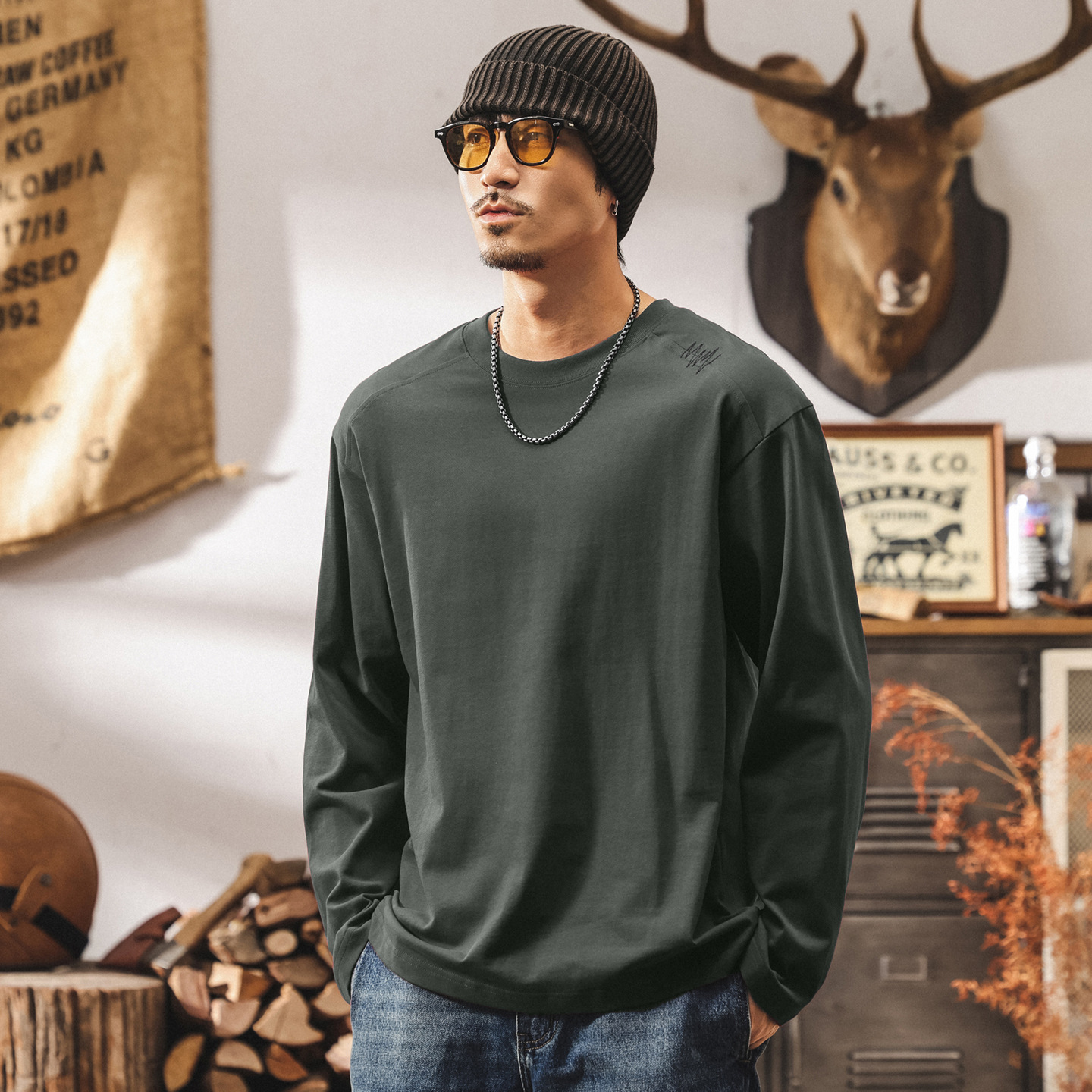 美式復古230g重磅t恤男長袖秋季新款簡約寬鬆休閒棗紅色男裝上衣T