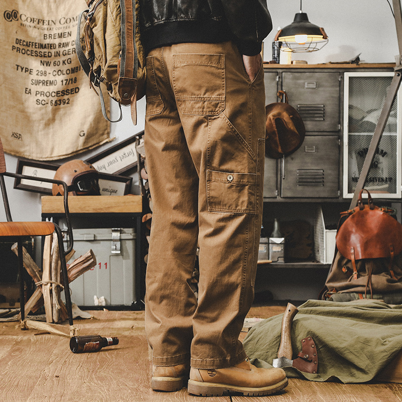 美式重磅複古工裝褲男直筒寬松2024新款雙膝伐木褲秋季休閑褲子男