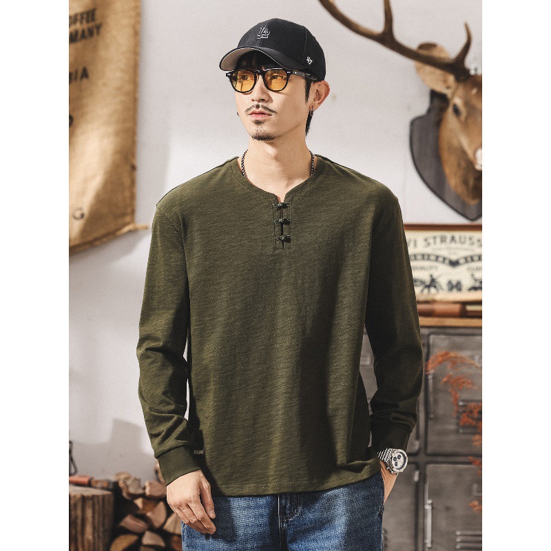 中式古風復古竹節棉t恤男長袖春秋新款潮牌寬鬆亨利領男士Polo衫