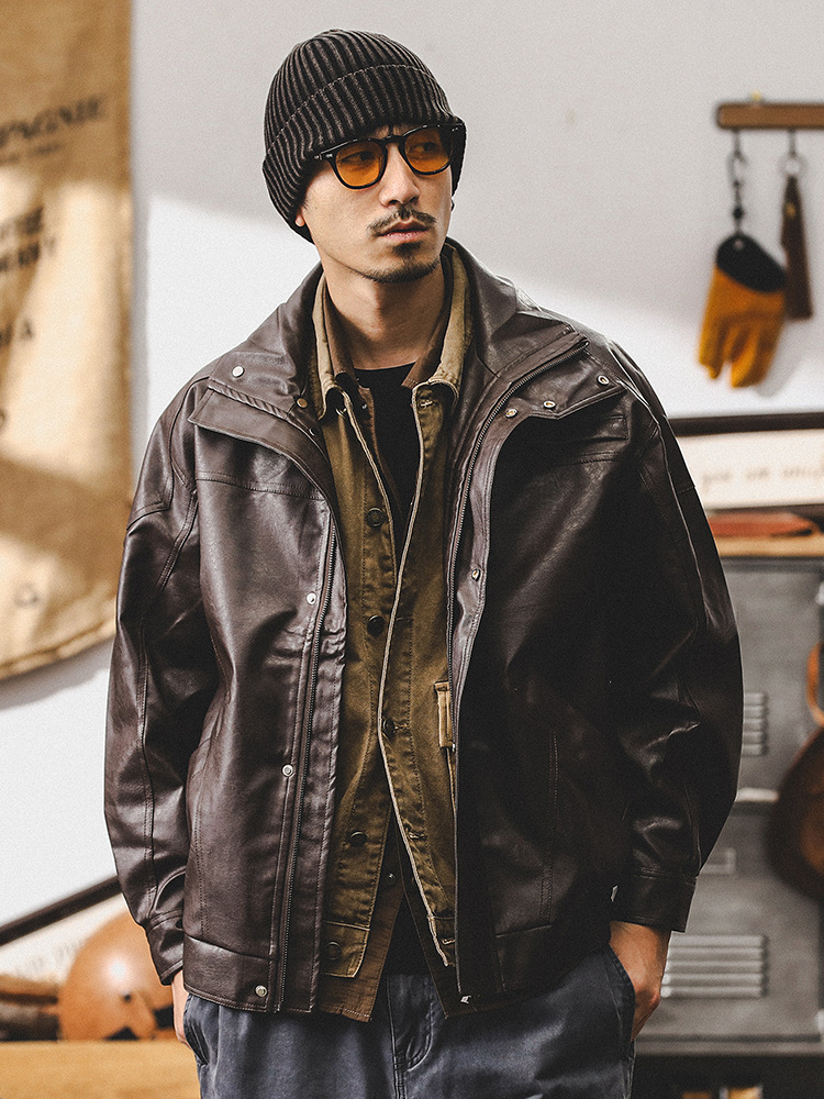 美式復古軟皮衣外套男秋季潮牌寬鬆硬漢痞帥機車工裝夾克男春秋款