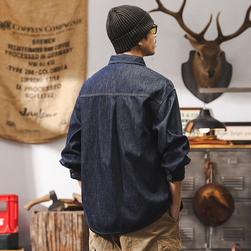 美式復古明線原色牛仔襯衫男春季2025新款工裝長袖襯衣外套男