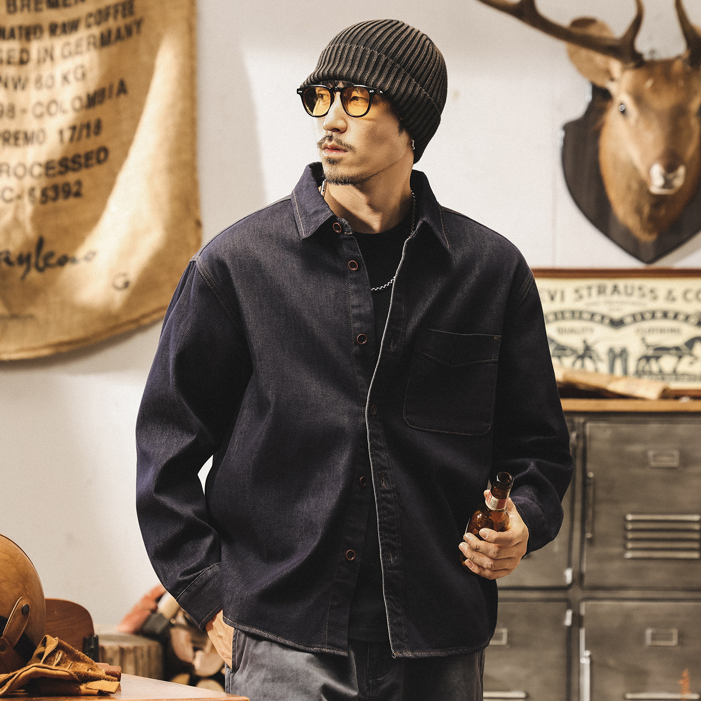 美式復古丹寧水洗牛仔襯衫男春秋2025新款潮流線寬鬆休閒襯衣外套