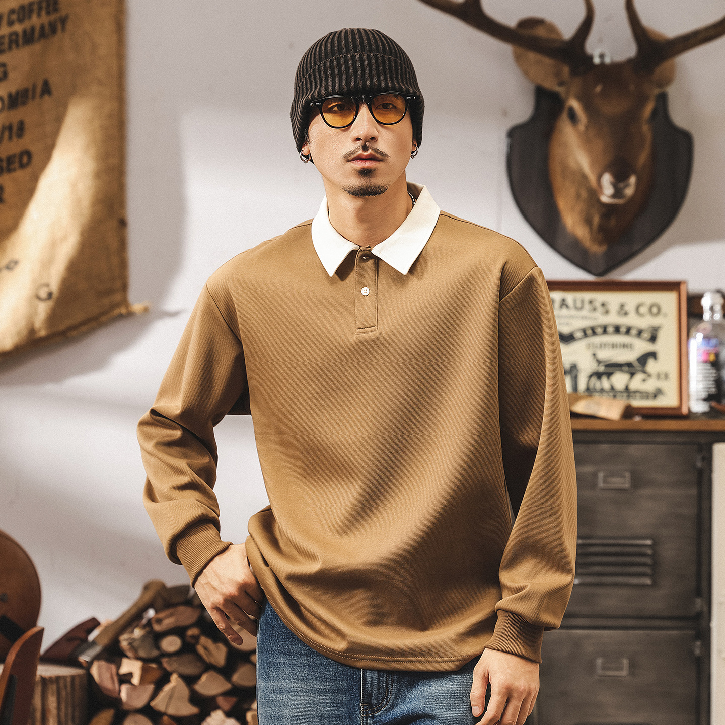 美式復古假兩件襯衫領衛衣男春秋新款寬鬆長袖Polo衫秋季男士上衣