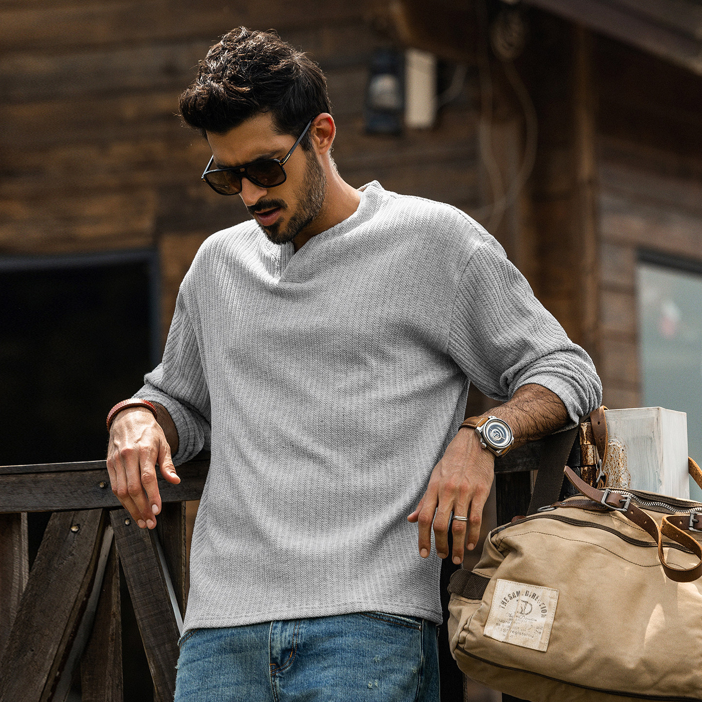 美式復古長袖T恤男春季新款重磅潮牌麻花針織衛衣男春秋休閒上衣